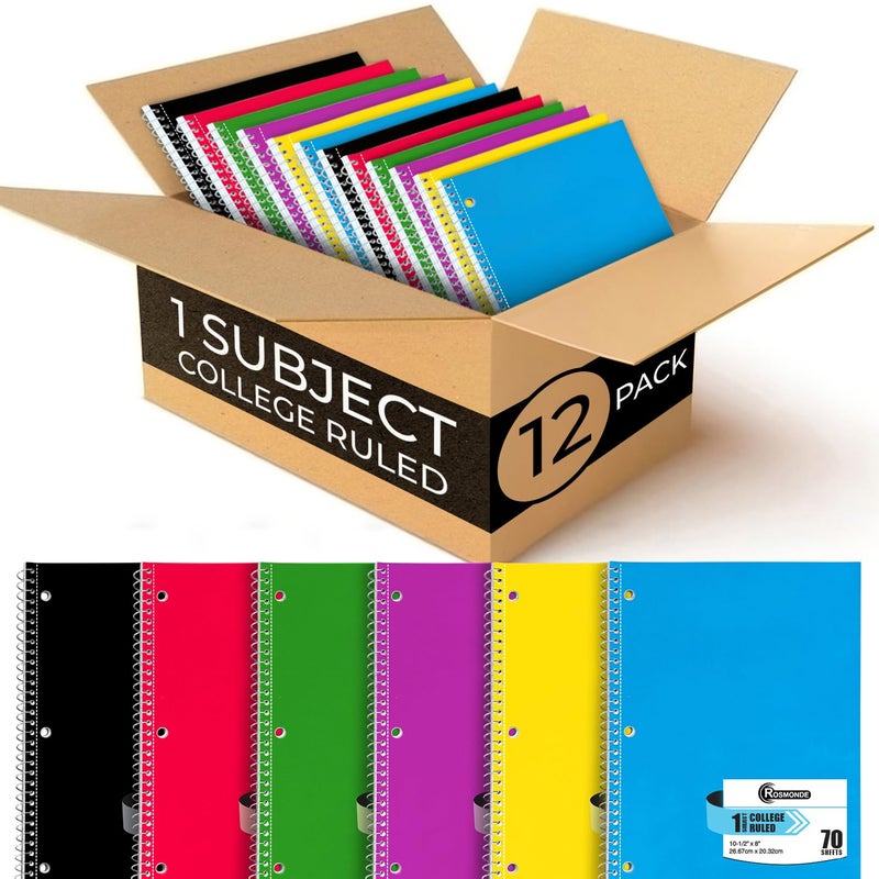 Rosmonde Spiral Notebook, 12 Pack, 1 Subject, College Ruled, 70 Sheets, 8 x 10-1/2"", 3 Hole Punched, Bulk College Ruled Notebooks for School, Single Subject Spiral Notebook Bulk, Assorted Colors - Image 1